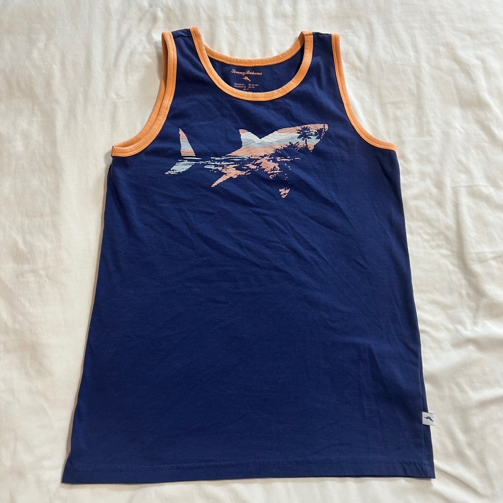 Tommy Bahama Girls Navy Blue‎ Shark Tropical Graphic Ringer Tank Top L 10/12